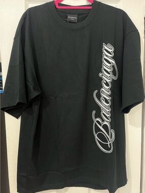 Balenciaga Black Short Sleeve Tee with White Script Logo